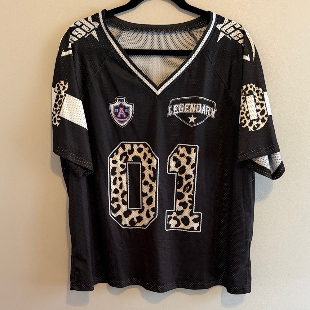 Black Mesh Jersey with Leopard Print Accents